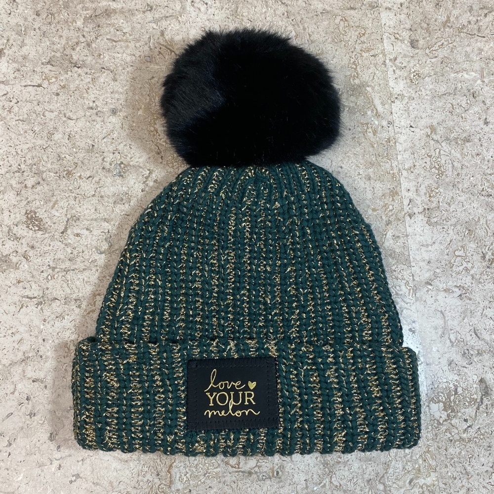 Love Your Melon Green with gold metallic w/blk pom